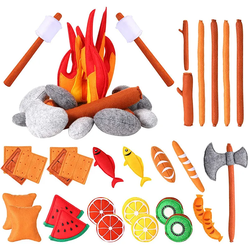 Pretend Camping Play Set Felt Plush Campfire Toy Set Pretend Play Food for Boys Girls Preschoolers