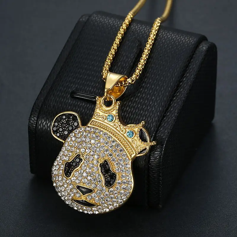 Iced Out Jewelry Stainless Steel Crystal Diamond Panda Necklace Custom Gold Plated Crown Pendant Necklace