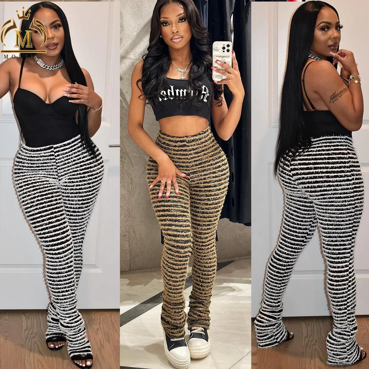 New Trendy Winter Stacked Pants Casual Streetwear Leggings Women Push Up High Waist Stripe Knit Winter Sexy Patchwork Trousers