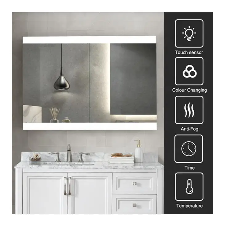 MCB02 Toilet Furniture Storage Cabinet Bath Room Defogger Pad Led Backlit Aluminium Bathroom Cabinet Mirrors With Led