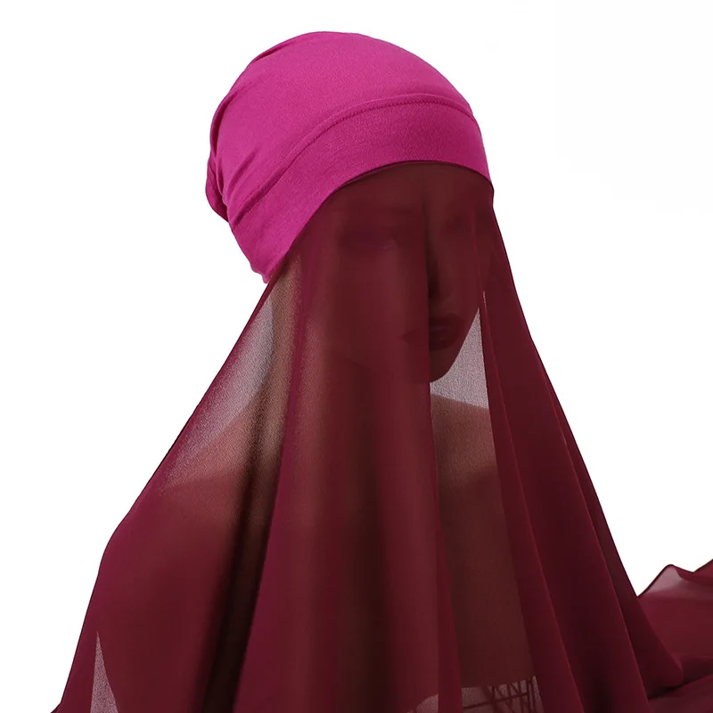 Hot Sell Bubble Solid Color Heavy Chiffon Hijab Hat Bonnet Elastic Luxury Dubai Hijab Summer Shawls