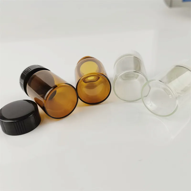 15ml small clear glass pill bottle wide mouth for tablet pharmaceutical round glass amber medicine bottle with black screw lid