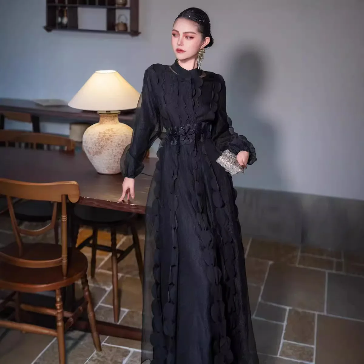 2024 Stand Up Collar Lantern Sleeves Western Style Polka Dot Splicing Organza Large Wwing Dress Long Skirt Women Abaya Dress