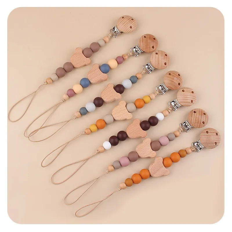 Custom Teddy Bear Beech Wooden Silicone Beads Teething for Boys Girls Baby Dummy Holder Pacifier Clip Chain