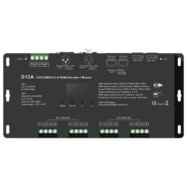 D12A 12 канал постоянного напряжения DMX512 & RDM декодер RJ45 светодиодный dmx 512 главный OLED контроллер экрана для DIM/CCT/RGB свет