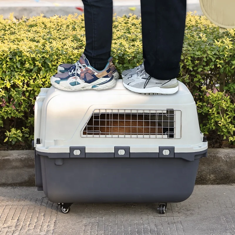 Multi Size Durable Travel Pet Carrier Outdoor Portable Airline Pet Cage Plastic Kennel Wheel Pet Cage Carrier With trolley