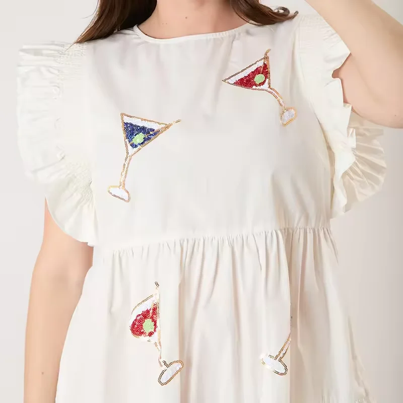Summer Ruffle Sleeve Embroidery Sequins Martini Women Mini Dress A Line Cotton Sparkle Sequins Martini Women Mini Dress