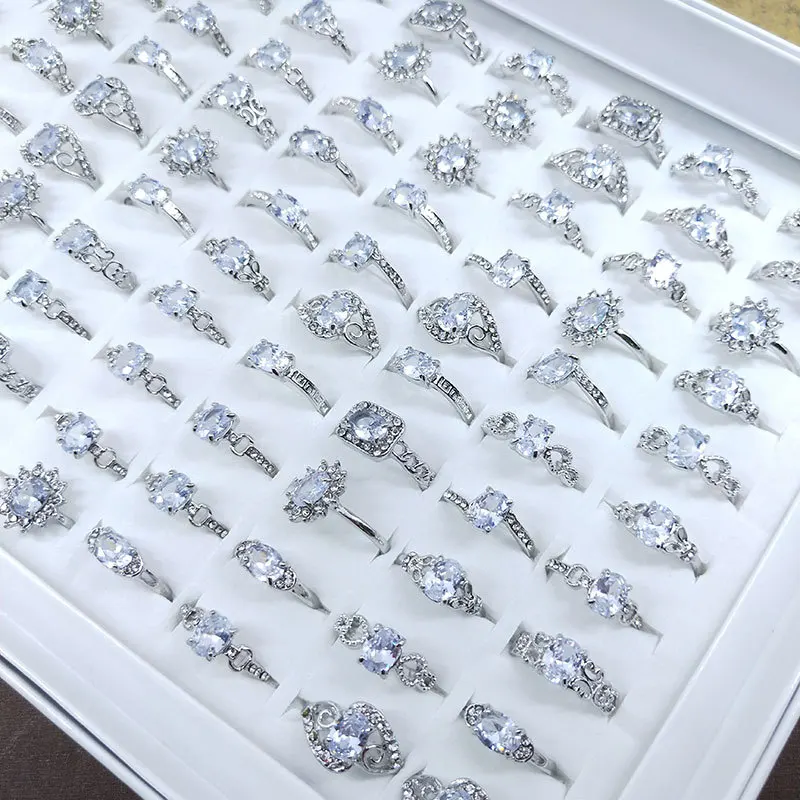 2024 Factory Price Cheap Faceted Zircon Crystal Glass Rings Mixed Styles Ring Women Silver Color Alloy Rings Jewelry Gift