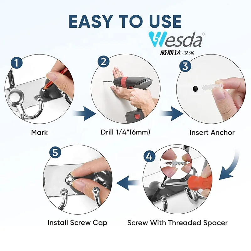 Top Brand Caitang Wesda Bathroom Bedroom Five Heavy Duty Tri Hooks Clothes Hanger Hooks Wall Mounted Coat Rack