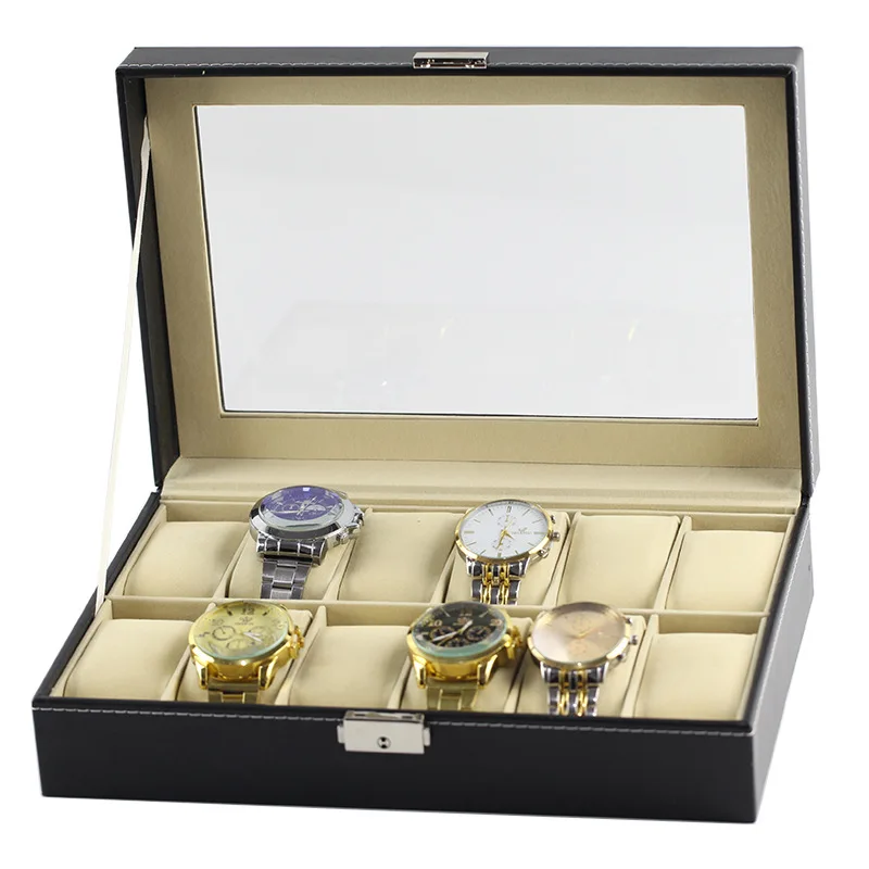 Customized Logo 12 slots glass window Genuine Jewelry box Leather Gift Box Watches Luxury Display Packing Travel Box