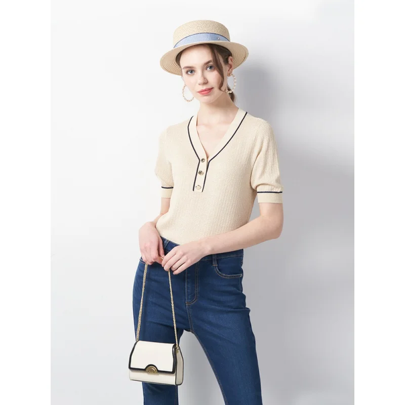 2021 Spring V-neck women sweater pullover knit shortleeve sweater