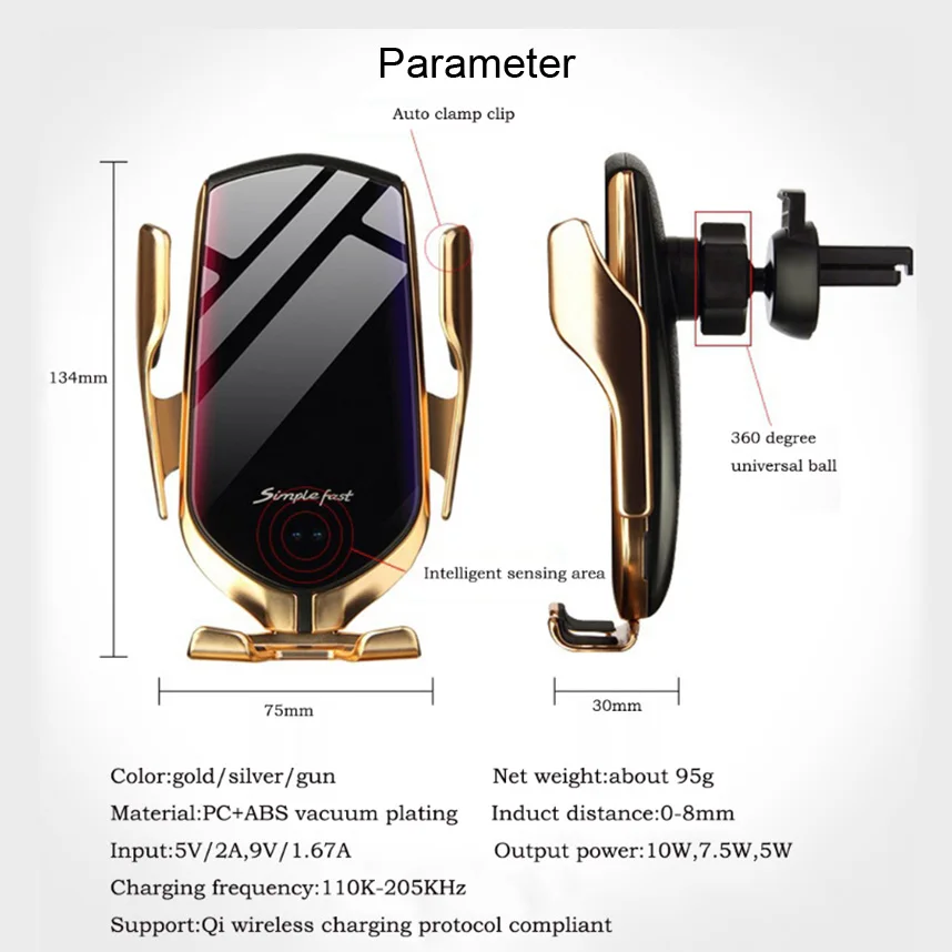 
Smart Sensor Car Wireless Charger Infrared Auto-sens Air Vent Mount Smart Automatic Clamping Simple Fast Wireless Car Charger 