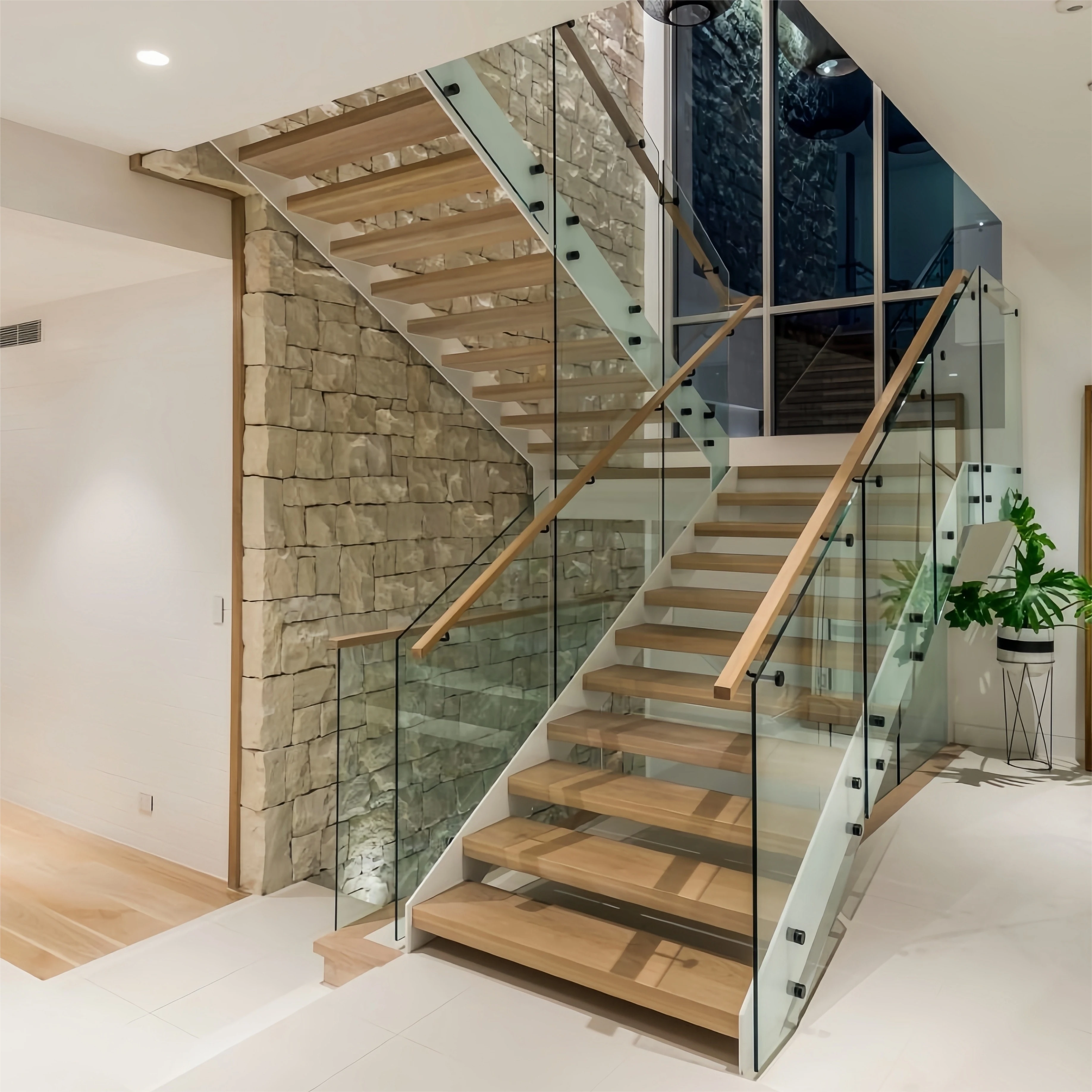 Tanlong modern glass staircase interior design wooden stairs treads indoor step stair