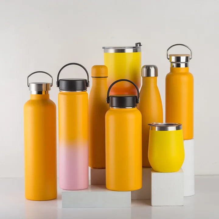 Factory Curved Powder Coated Metal Water Drink Bottle Double Wall Insulated Vacuum Outdoor Stainless Steel Flask