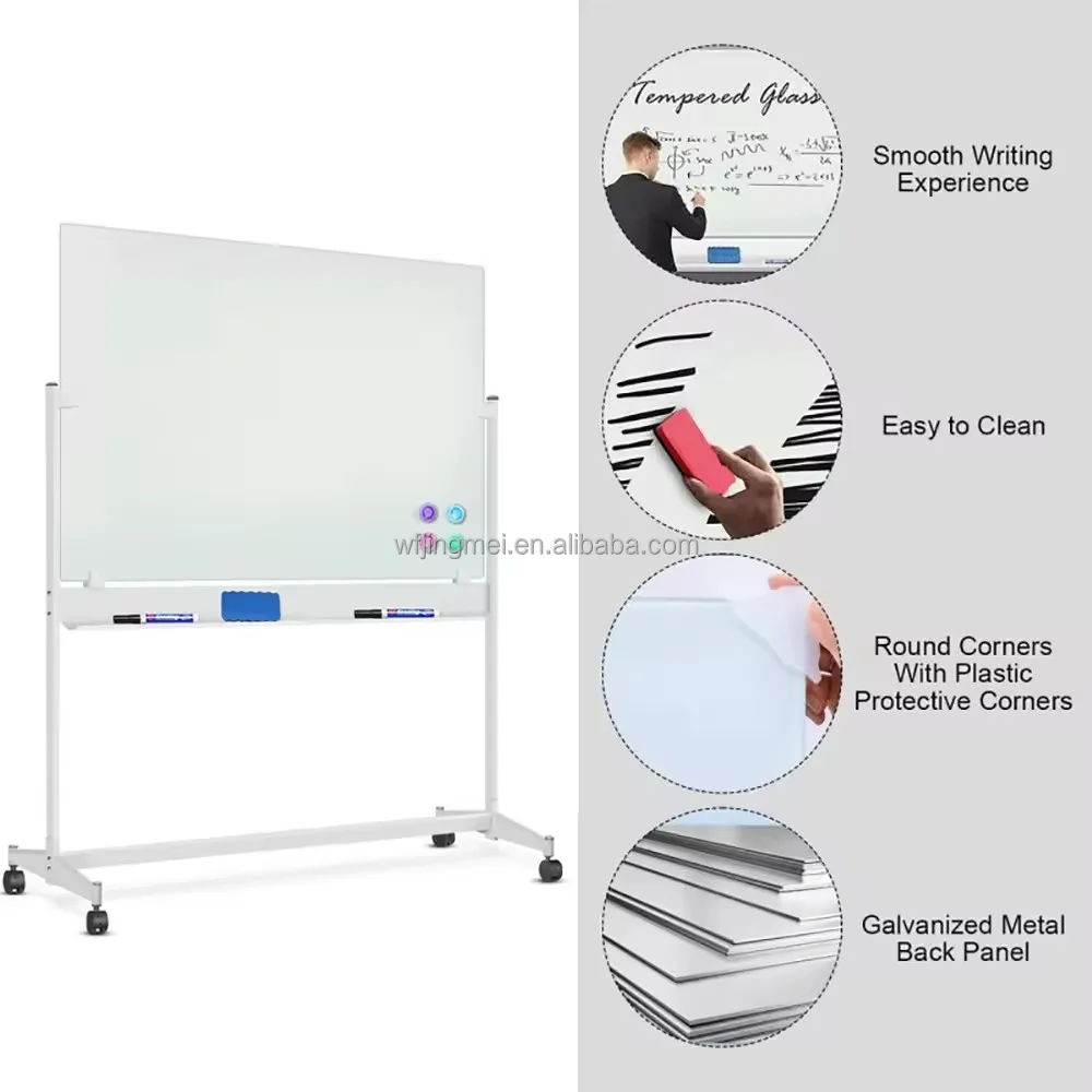 Mobile Glass Dry Erase Board Movable Large Tempered Glass White Board Magnetic Whiteboard With Rolling Stand