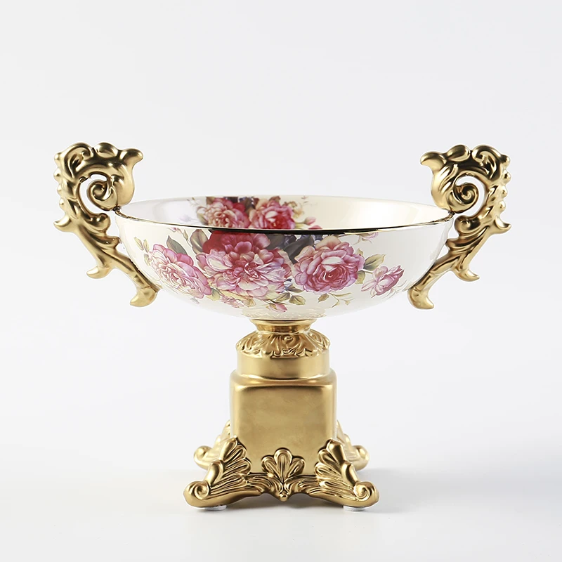 Luxury tableware with flowers and gold rim Bright glazed porcelain salad fruit ceramic bowl