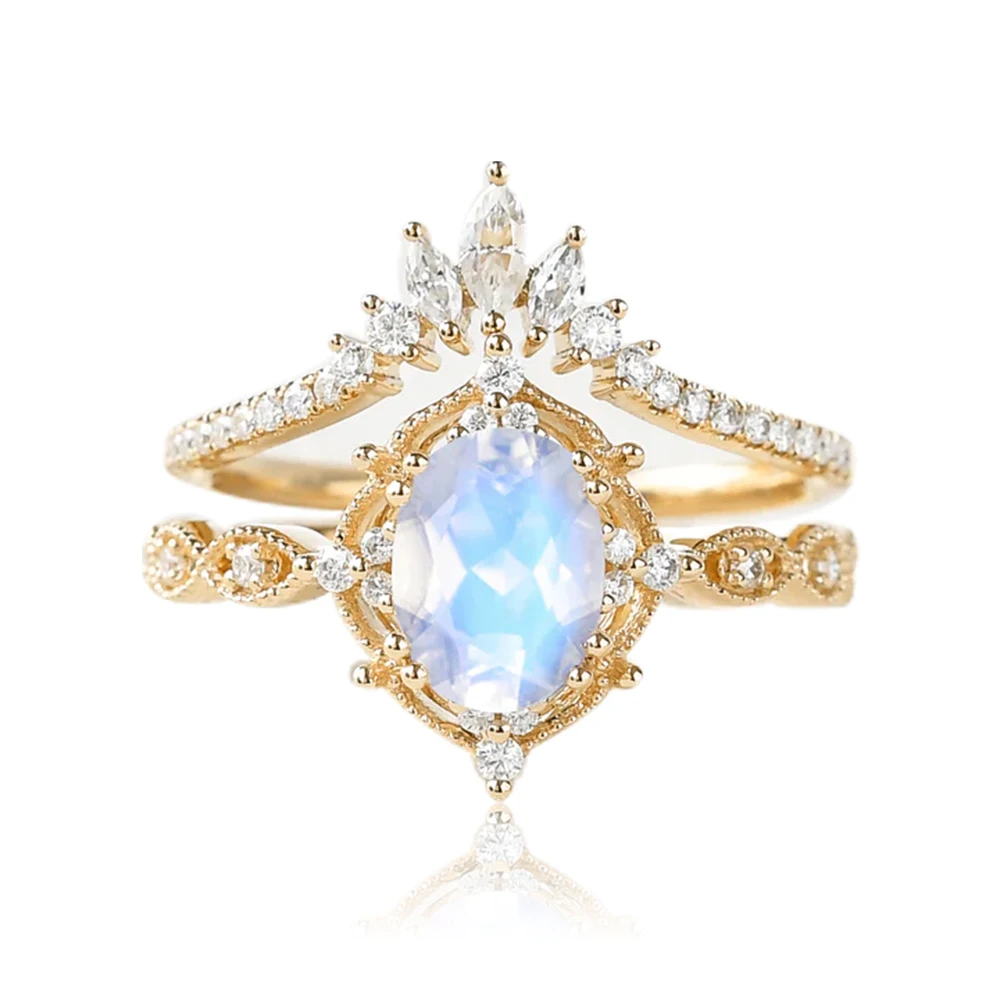 Sterling Sliver Moonstone Vintage Chevron Ring Set 2pcs Bridal Set Chevron Ring Stacking Marquise Engagement Rings