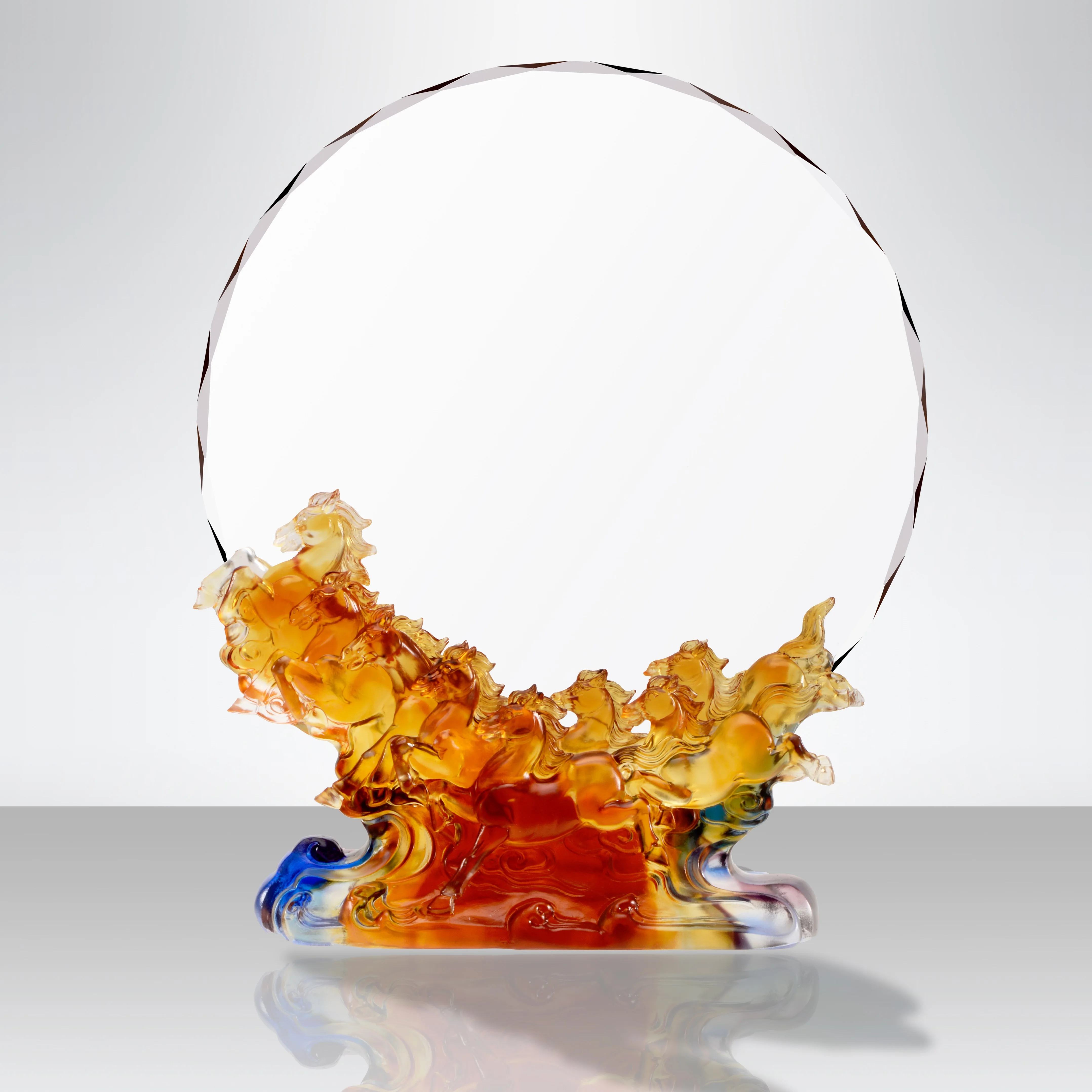 Brand New High Quality Eight Horses 3D Laser Engrving Round Plaque Crystal Trophy Creative Crystal Trophy