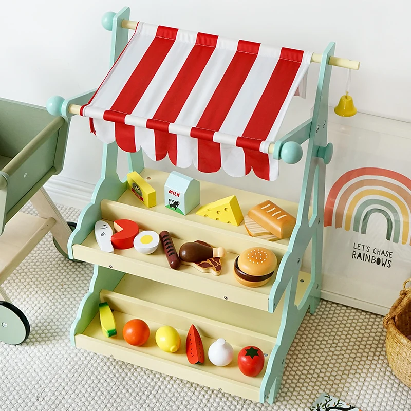 2022 New style hot selling simulation cookhouse supermarket toy children wooden shopping cart store set toys