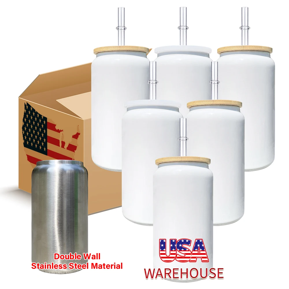 USA Warehouse Stainless Steel Insulated Tumbler Sublimation 16oz White Metal Soda Beer Can Cups with Bamboo and Acrylic Lids