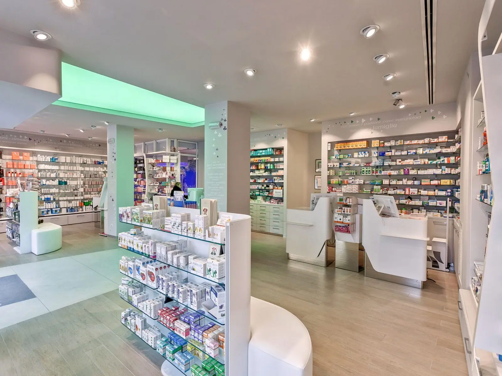 Retail Fixtures Showroom Display Shelf Interior And Exterior Wooden Pharmacy Shop Medical Store Counter Design