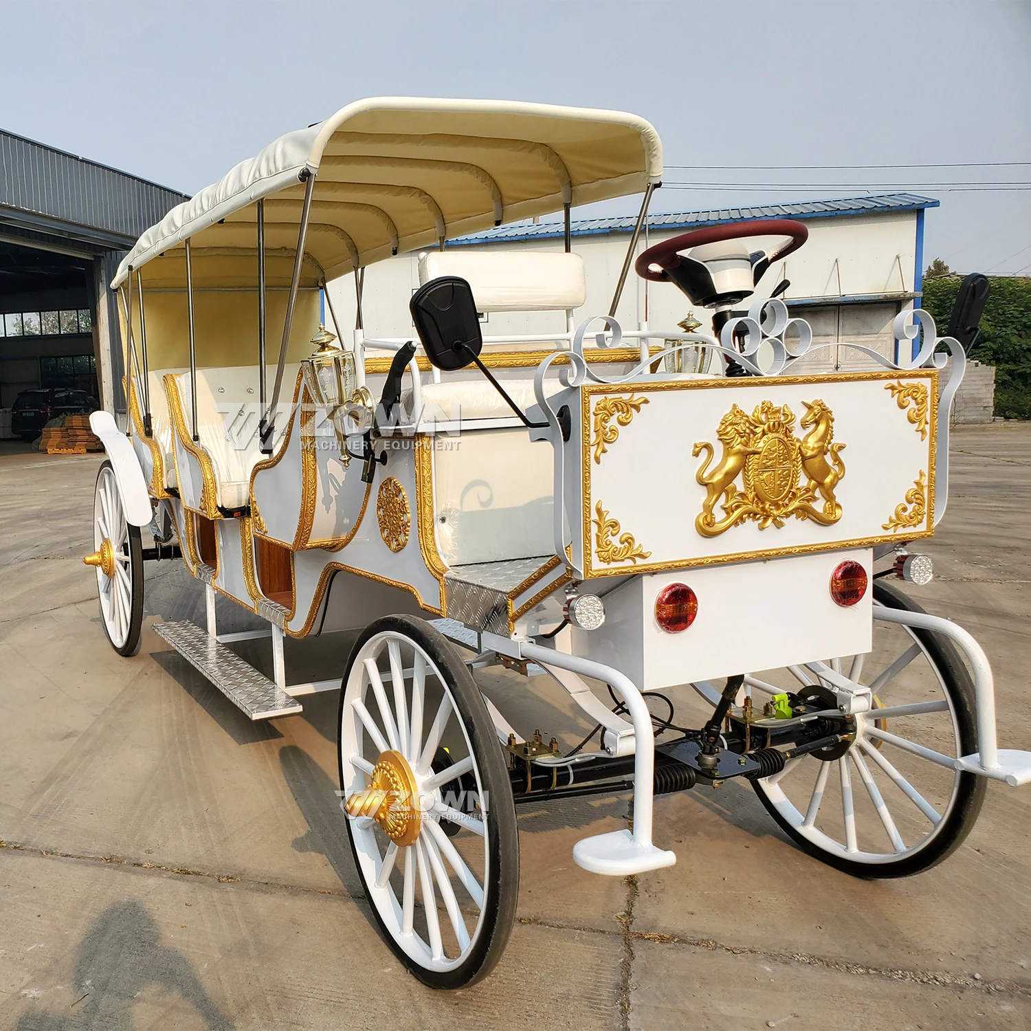Luxurious White Metal Sightseeing Carriage - Customizable Big Victorian Style Wedding Wagon with Classic Horse Drawn Appeal