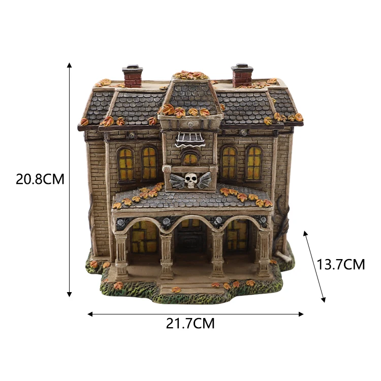 2024 Factory Supplies Wholesale Resin Pumpkin Ghost Skull Halloween Village With Light Resin Haunted House Props Halloween Decor