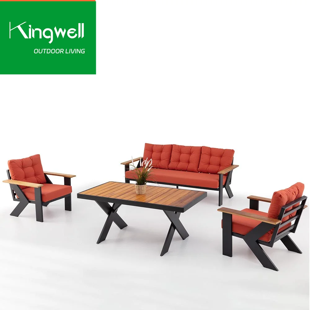 Foshan factory wholesale price resort furniture wood top patio coffee table villa sofa outdoor aluminum furniture