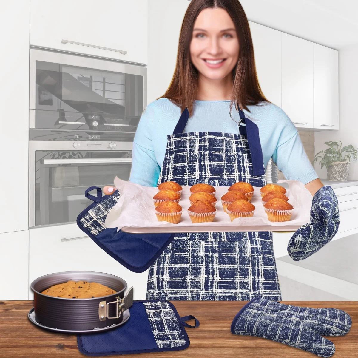 5 piece set Geometric  pattern  waterproof cotton apron cotton Anti scalding oven gloves silicone Checkered  pot holder set