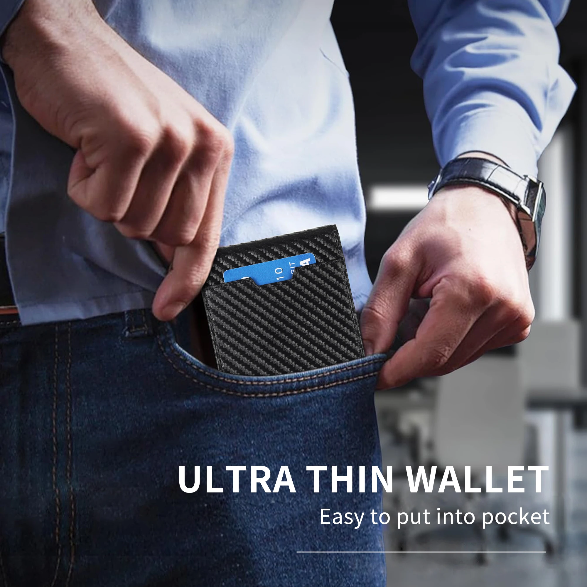 Minimalist Carbon Fiber Leather Wallet for Men Bifold with Metal Money Clip RFID Blocking Slim Design Box Closure Made From PU