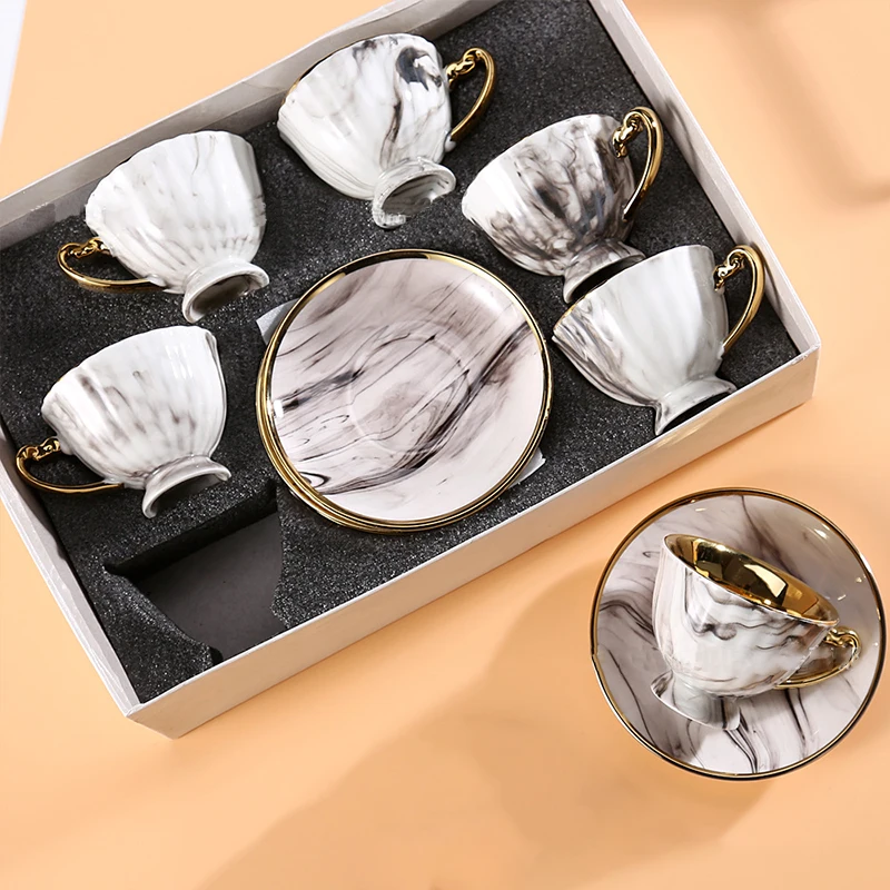 New Gold Rim Ceramic Cups Set of 6 Luxury Special Saucer Reusable Wholesale Supplier Marble Glazed Porcelain Turkish Coffee Cups