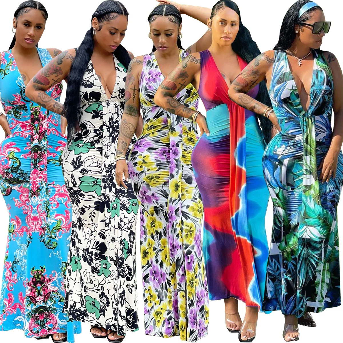 2022 summer printed floral maxi dresses ladies womens v neck african dresses for women clothing