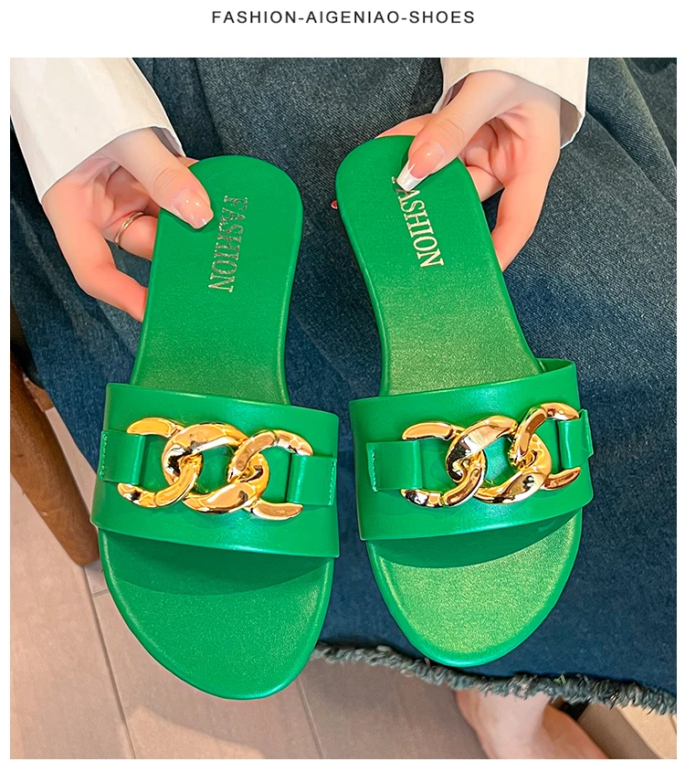 new fashion metal buckle large size women flat non-slip open toe slipper slides pvc sandals metal chain women sandals