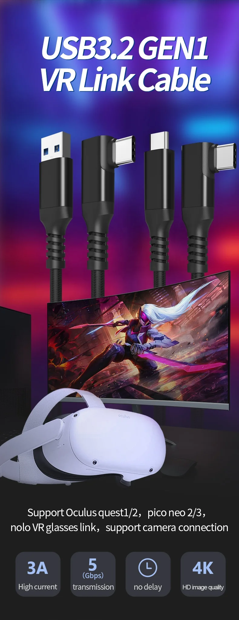 HD VR Cable for Quest link vr Headset 5M USB C Cable for Oculus VR USB3.1 Data Transfer Cable for PC Gaming