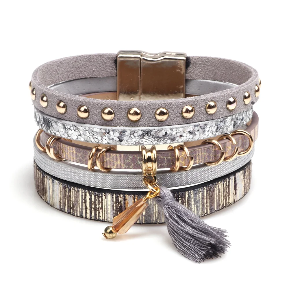 Bohemian style Mul magnetic snap PU leather rope handwoven bracelet with tassel pendant