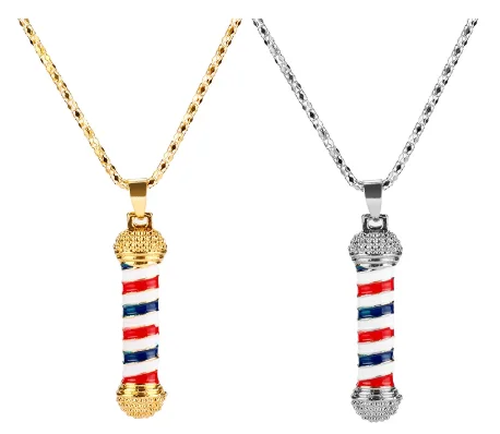 Jewelry Gold Barber Shop Poland 3D Barber Pole Necklace 2 Style Hiphop Barber Haircut Gothic Necklaces for men