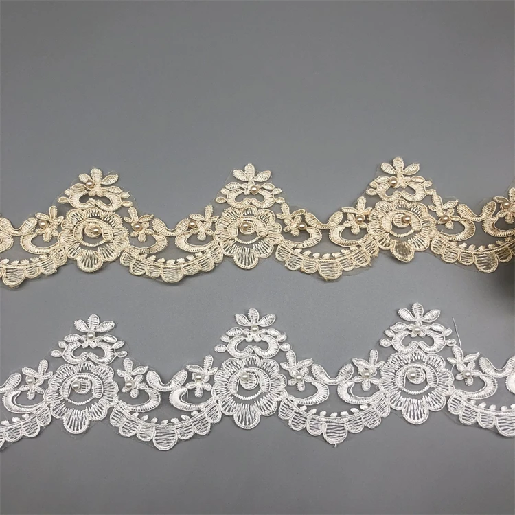 Wholesale White Handmade  Small Bead Guarnicao De Renda Olivet French Mesh Scalloped Tulle Beaded Border Lace Trim