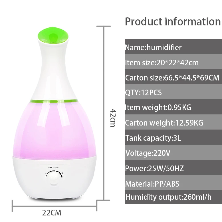 3L large capacity water tank flower vase design ultrasonic air humidifier 7 Color LED