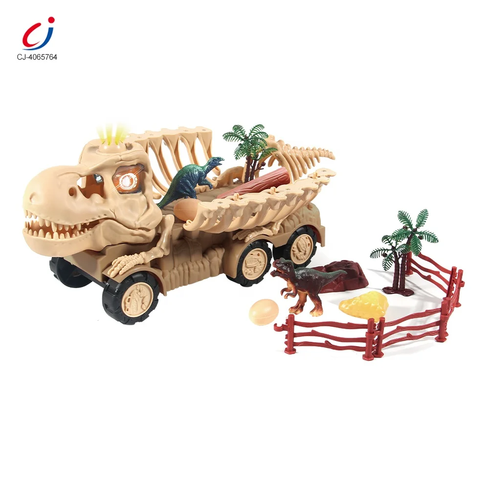 Chengji wholesale portable dinosaur inertia dino truck toy bone shape car dinosaur transport truck play set with light and sound