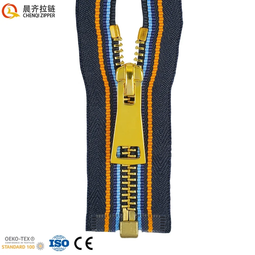 Brand New Custom Logo Size 5# Golden Y Teeth Metal Zipper Open End Light Grey Satin Tape Metal Zipper For Leather Jackets