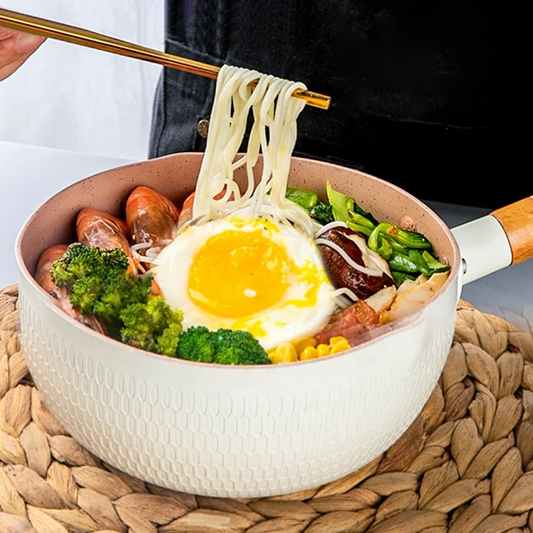 Top Seller White Kitchen Cookware Aluminum Sauce Pan Non Stick Snow Pan With Wooden Handle