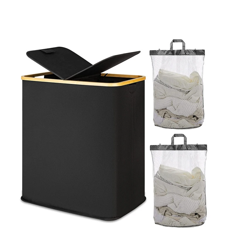 Laundry Baskets Clothing Toys Organizer Collapsible Bamboo Laundry Hamper with Lid Water-proof Dirty Clothes Hamper