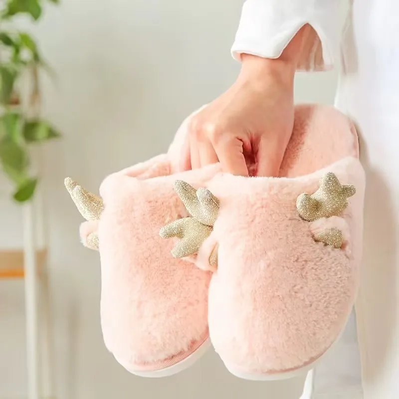 Wholesale Cute Cotton Slippers Antler Design Durable Plush Bedroom Warm Home Shoes Men Women Anti Slippers Autumn Season