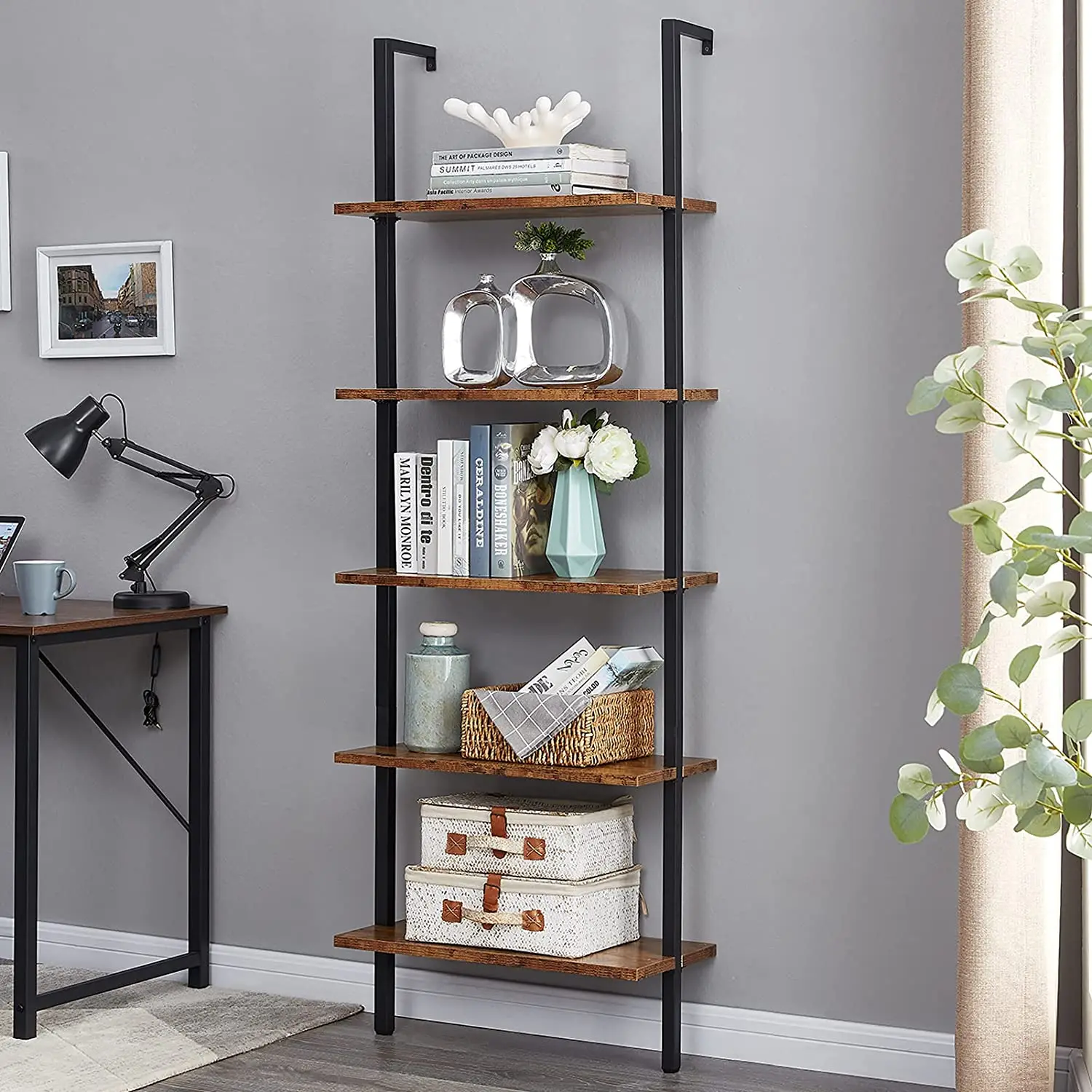 Industrial Ladder Shelf, 5-Tier Wood Wall-Mounted Bookcase with Stable Metal Frame, 72 Inches Storage Rack Shelves Display Plant
