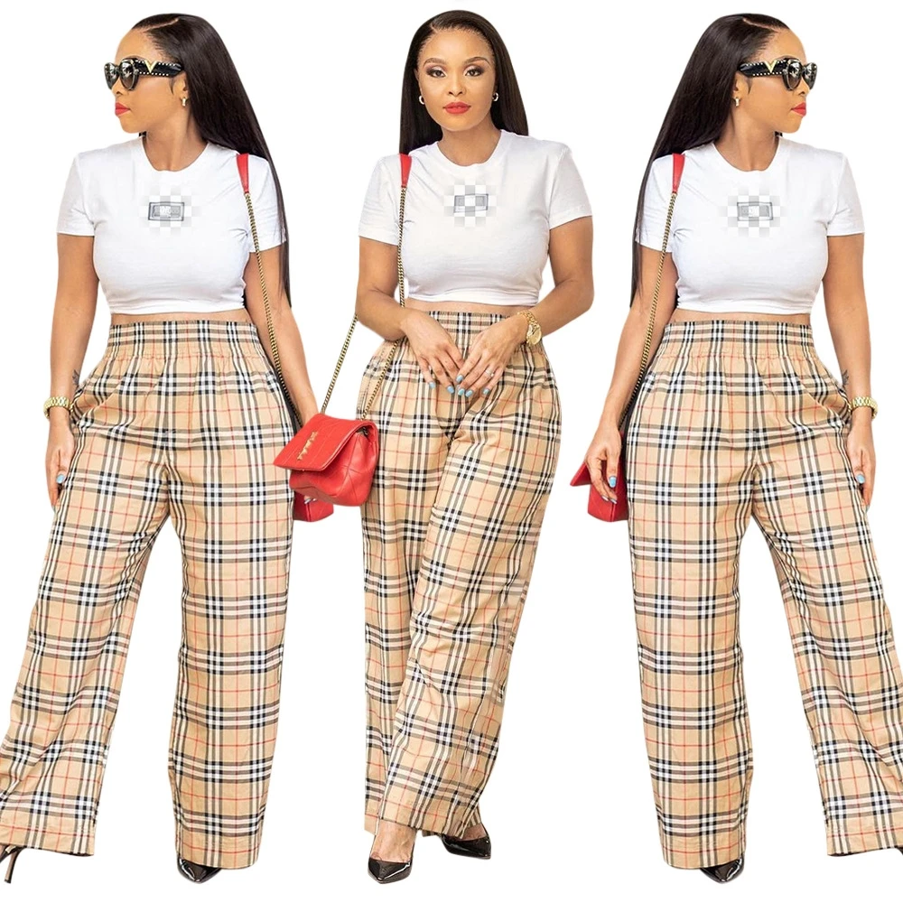 QuiteS 2023 New Plaid Print Loose Micro Flare Single Trousers Casual Wide Leg Cargo For Women Long Pants