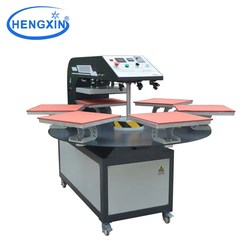 Manufactory Heatpress Transfer Rotary Type Pneumatic 6 Station Heat Press Machine For Jersey t-shirt sportswear polo t-shirt bag