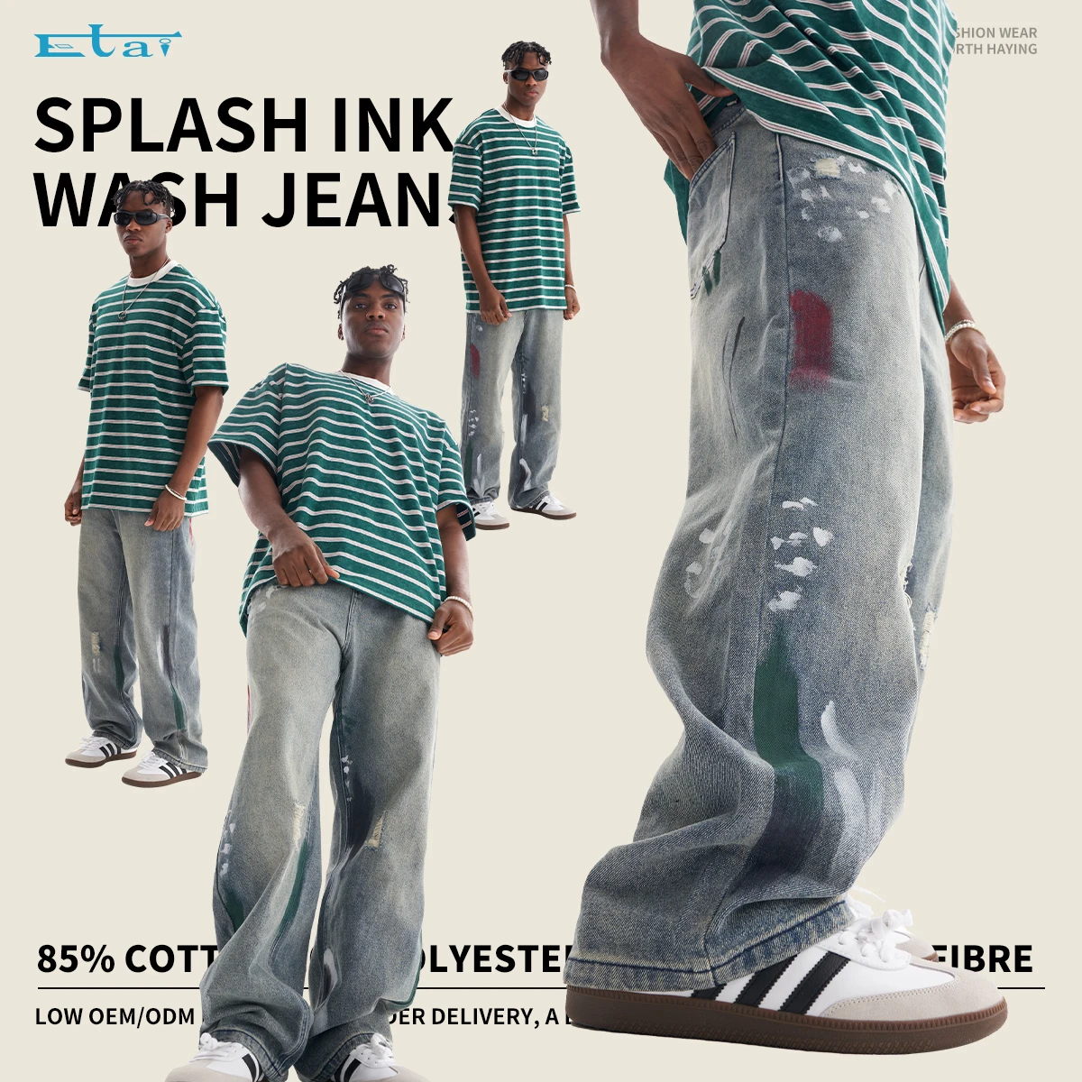 high quality distressed wide leg mens jeans streetwear clothes cargo pants baggy custom denim jeans for men