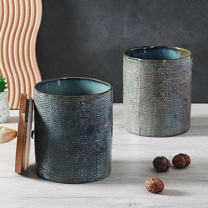 Custom Kitchen Organizer Jars Food Canisters Vintage Embossed Reactive Glazed Ceramic Sugar Tea Coffee Storage Jar