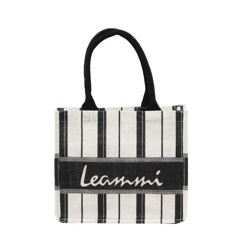 Laminated customized striped printed burlap jute fabric women shopping tote bags