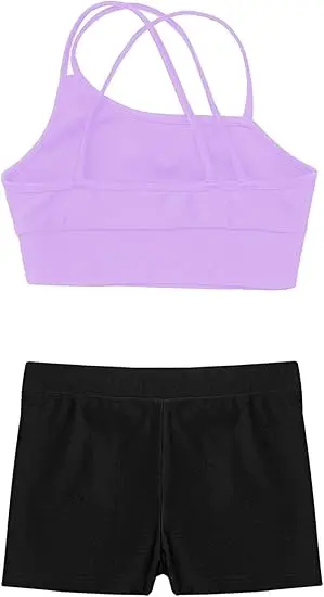 Spandex Nylon Elastic Custom Logo Kids Tank Tops Child Gymnastics Sports Training Attire Camisole Belly Length Tank Top Shorts